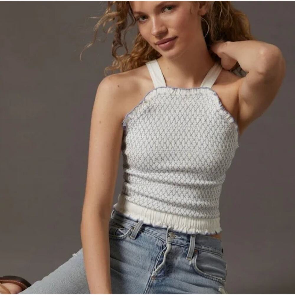 Anthropologie Smocked High Neck Top Blue embroidered Size M NWT